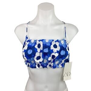 Zara Women's Blue Floral Print Spaghetti Strap Lace Up Back Crop Top Size XS